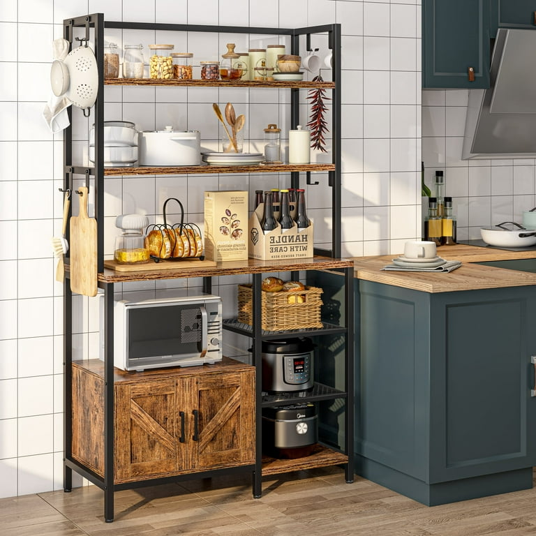 EnHomee Bakers Rack 6 Tier Coffee Bar with Cabinet and 8 Side Hooks, Bakers  Racks for Kitchens with Storage, Large Capacity Microwave Stand for