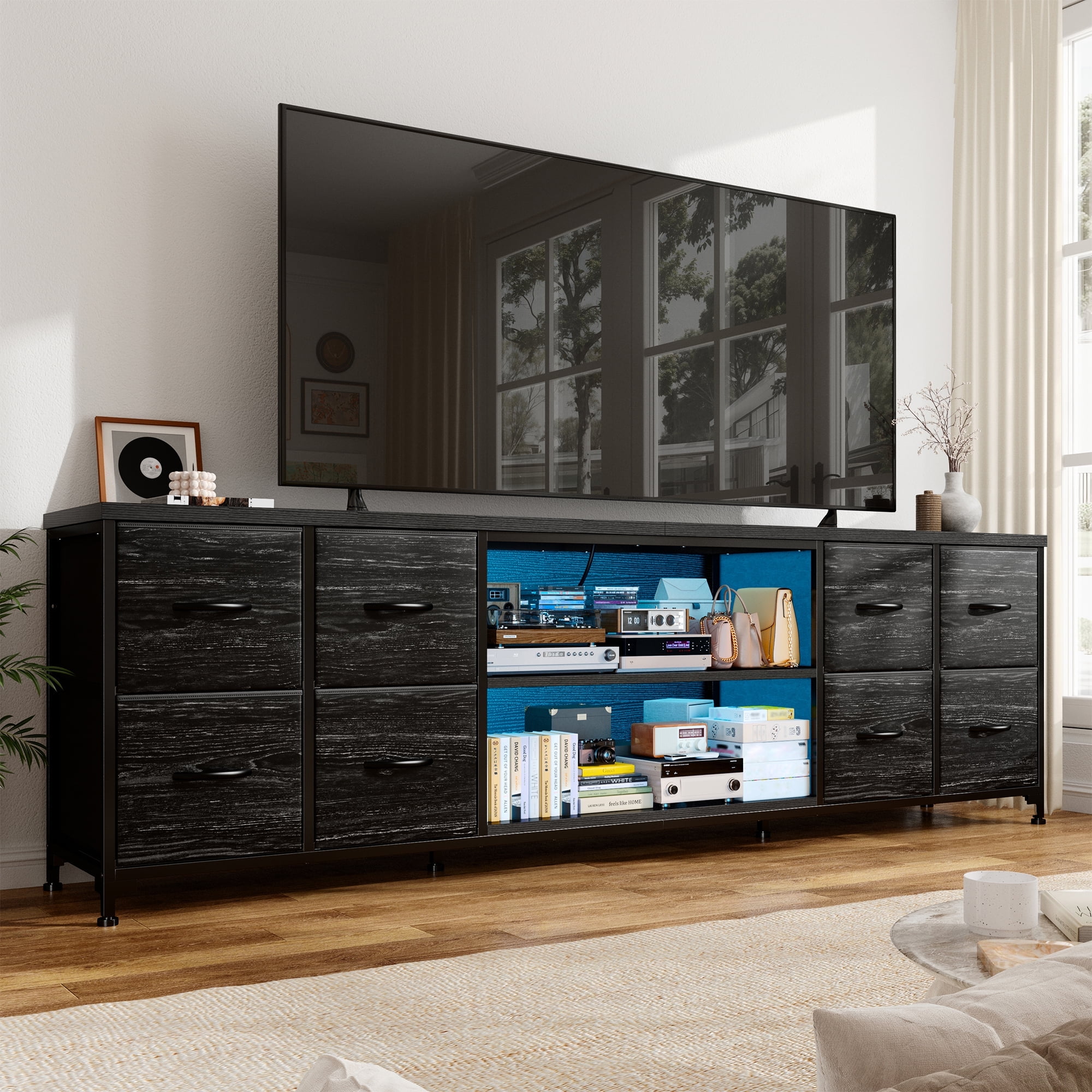 70 inch dresser black Enhomee 62.3 W for Bedroom TV Stand Dresser for 65 Inch TV with Charging Station & LED Lights, Long Dresser with 8 Drawers & 2 Storage Baby 1st Birthday Family slight a-line gaming equipment Color:Black Purple