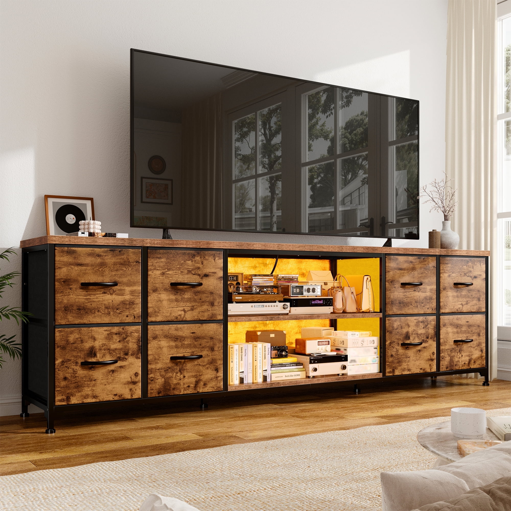 EnHomee 62.3" W TV Stand for 65 70 inch TV Dresser for Bedroom with Charging Station and LED Lights,8 Drawers Fabric Dresser with Entertainment Center for Living Room,Rustic Brown
