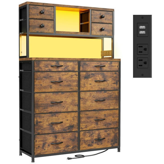 EnHomee 62.8"H Tall Dressers for Bedroom with 14 Drawers Fabric Dresser with LED Lights and Charging Station,Chests of Drawers with Open Shelves,Rustic Brown