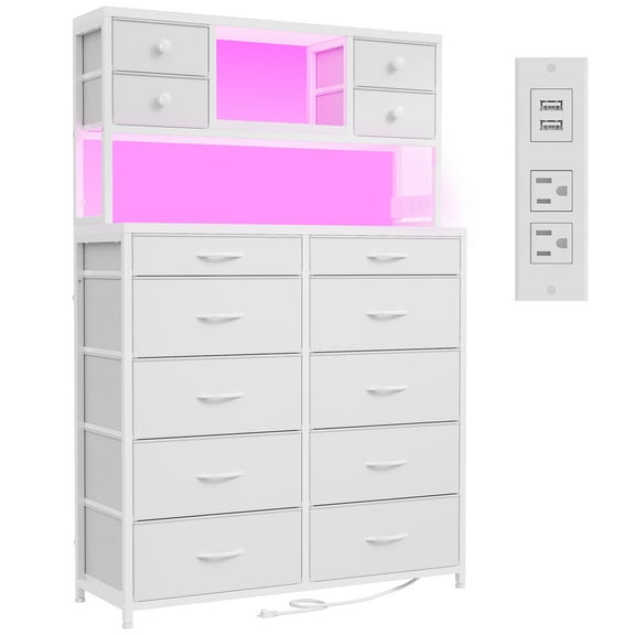 EnHomee 62.8"H White Dressers for Bedroom with Open Shelves 14 Drawers Fabric Dresser with LED Lights and Charging Station,Chests of Drawers.