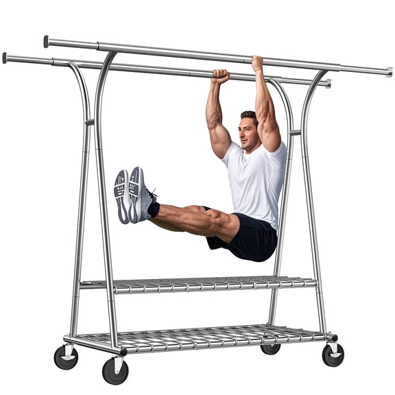 EnHomee 630 lbs Heavy Duty Clothing Rack,Adjustable Double Rod Garment Rack with Wheels  2 Storage Shelves ,Chrome