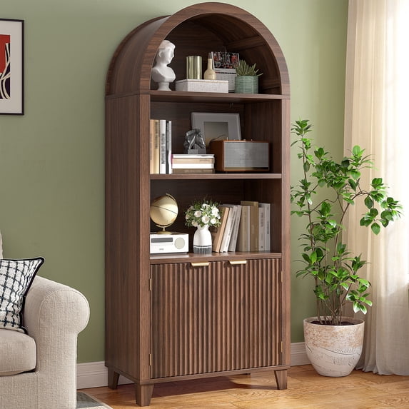 EnHomee 66.9" Tall 5-Tier Arched Wooden Bookcase with Fluted Doors & Adjustable Shelves, Storage Cabinet with Display Shelf for Office, Living Room, Kitchen,Walnut
