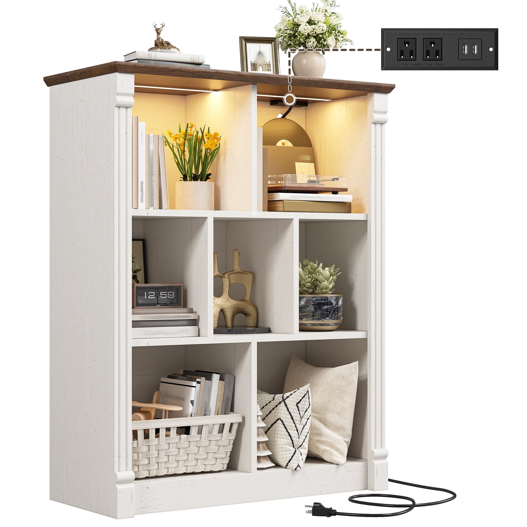 EnHomee 7 Cube Storage Organizer with LED Light and Charging Station,Wood Bookshelf for Living Room, Bedroom, Office，White