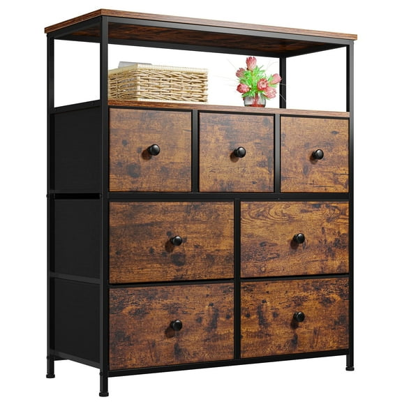 EnHomee 7 Drawer Fabric Dresser for Bedroom Chest of Drawers Storage Tower,Rustic Brown