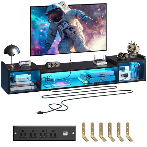 EnHomee 70.9" Wall-Mounted Floating TV Stand with LED Lights & Power Outlets, Entertainment Center for 60/65/70/75 Inch TVs,Black Wood Media Console with Storage for Living Room, Bedroom