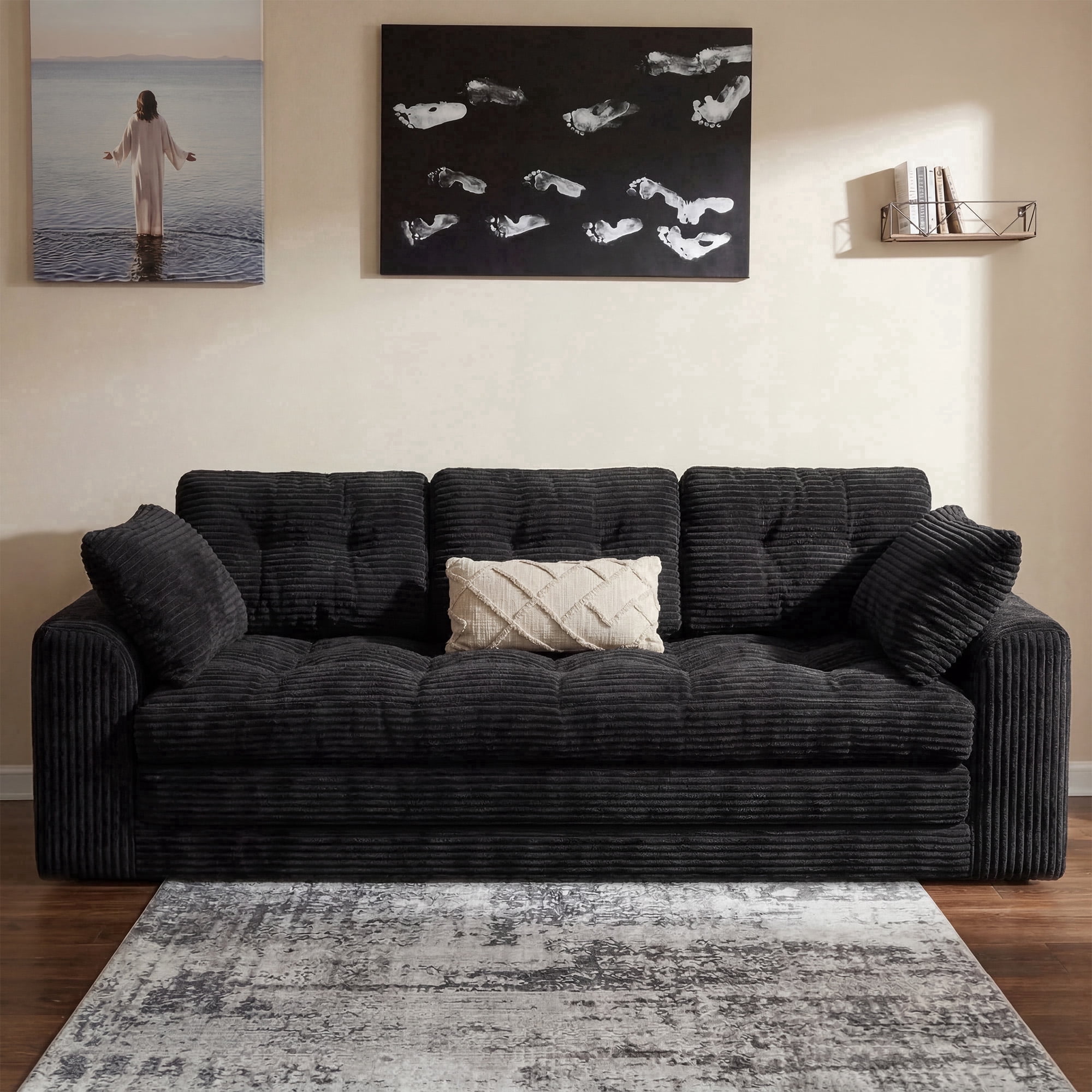EnHomee 74.8" Foldable Sofa for Adult 3 Seater Sofa Bed Couch with Deep Seat Adjustable Floor Sofa Couch with 5 Pillows,Black
