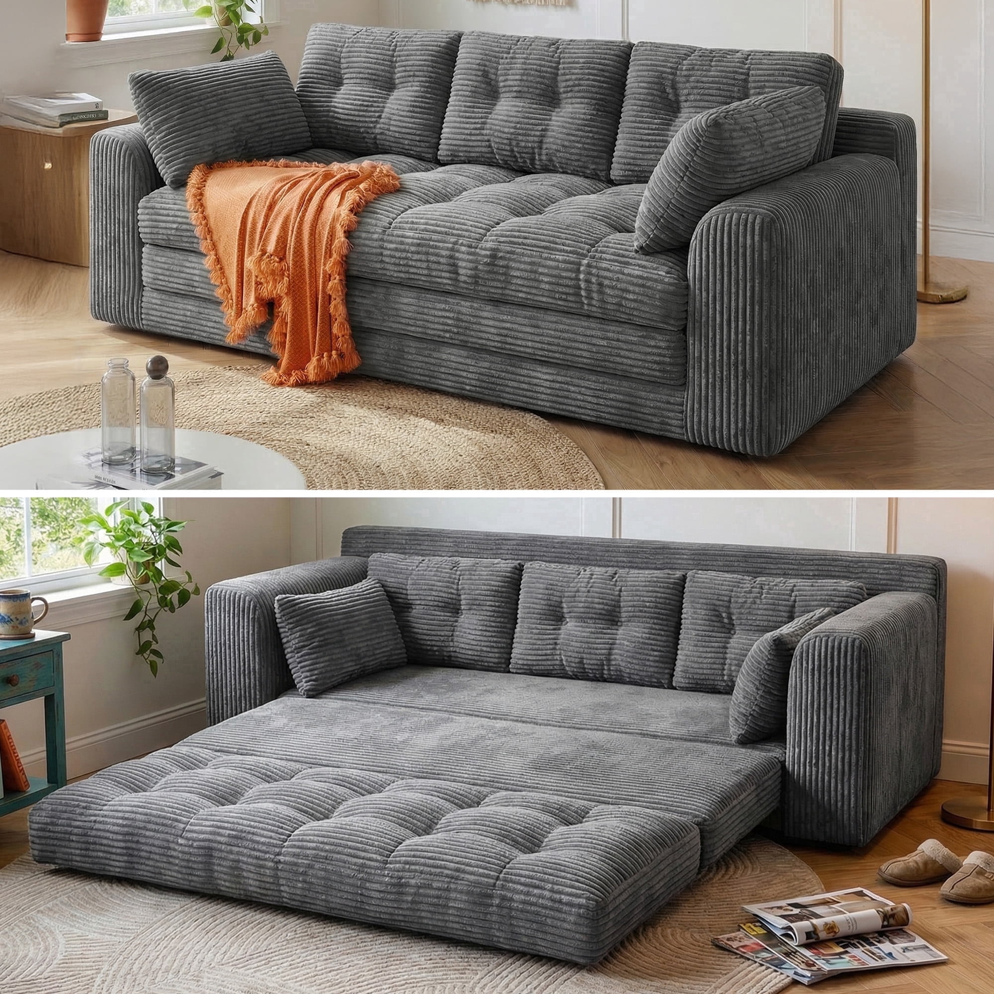 EnHomee 74.8" Foldable Sofa for Adult 3 Seater Sofa Bed Couch with Deep Seat Adjustable Floor Sofa Couch with 5 Pillows,Grey