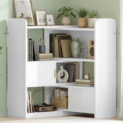EnHomee Expandable 4-Tier Bookshelf with 2 Storage Cabinets, Corner Bookcase for Small Spaces, Living Room, Home Office, Bedroom, White