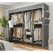 EnHomee 76"W Clothes Rack with Cover,1100LBS Heavy Duty Wardrobe Closet Organizer,Adjustable Portable Closet for Bedroom Storage，Black