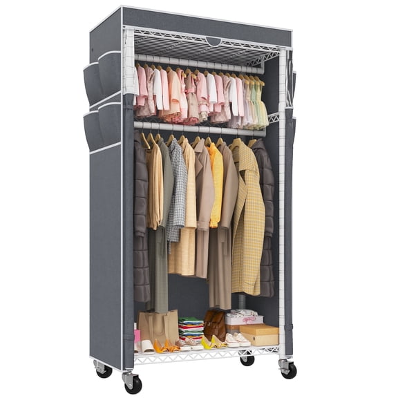 79" H Heavy Duty Clothes Rack with Cover Loads 450LBS Portable Closet Wardrobe Rolling Garment Rack with Adjustable Wire Shelves, White