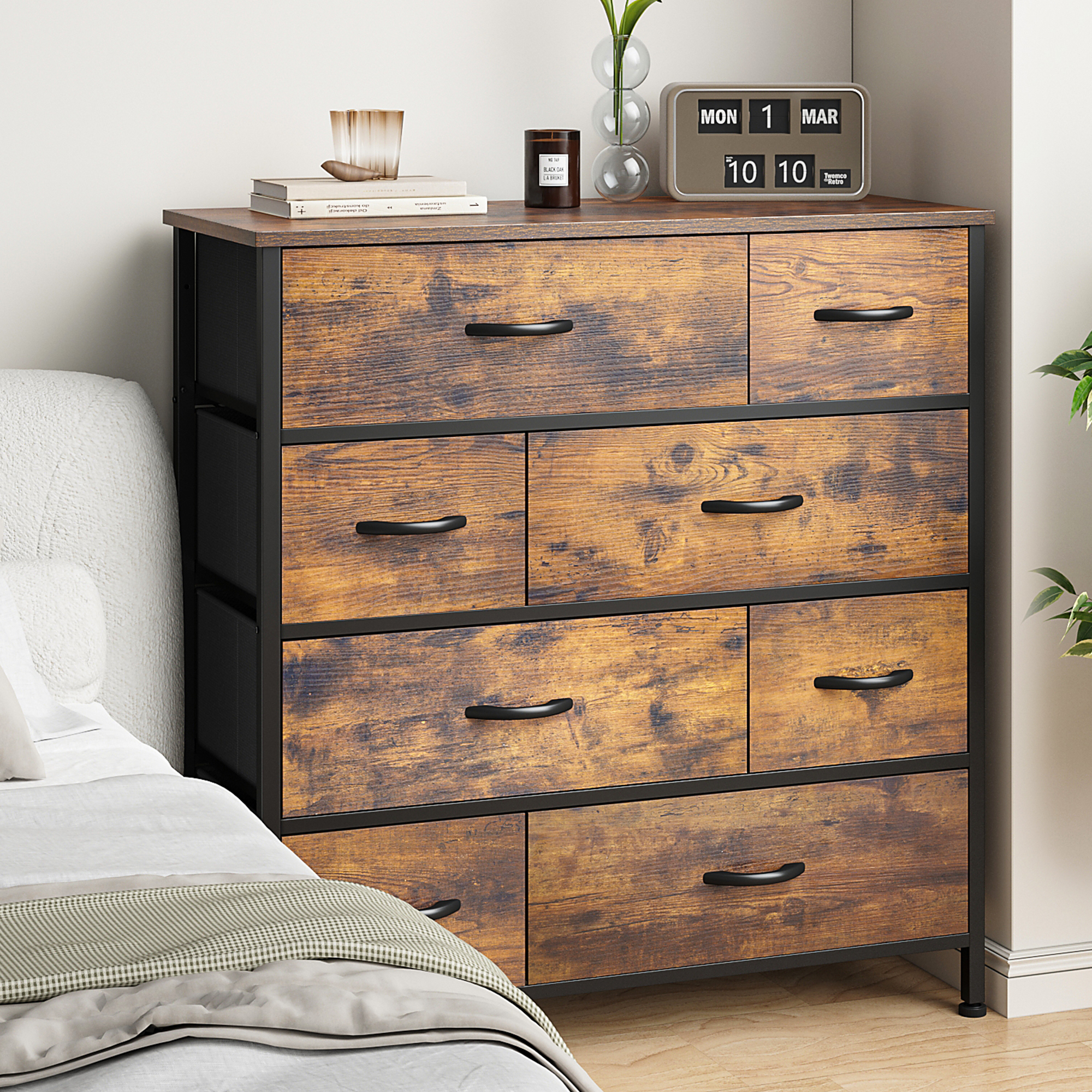 EnHomee 8 Drawer Bedroom Dresser for Storage Dressers&Chects of Drawers with Wooden veneer drawer and Wood Top, Dressers for bedroom Living room Kids' room, Rustic Brown - image 1 of 15