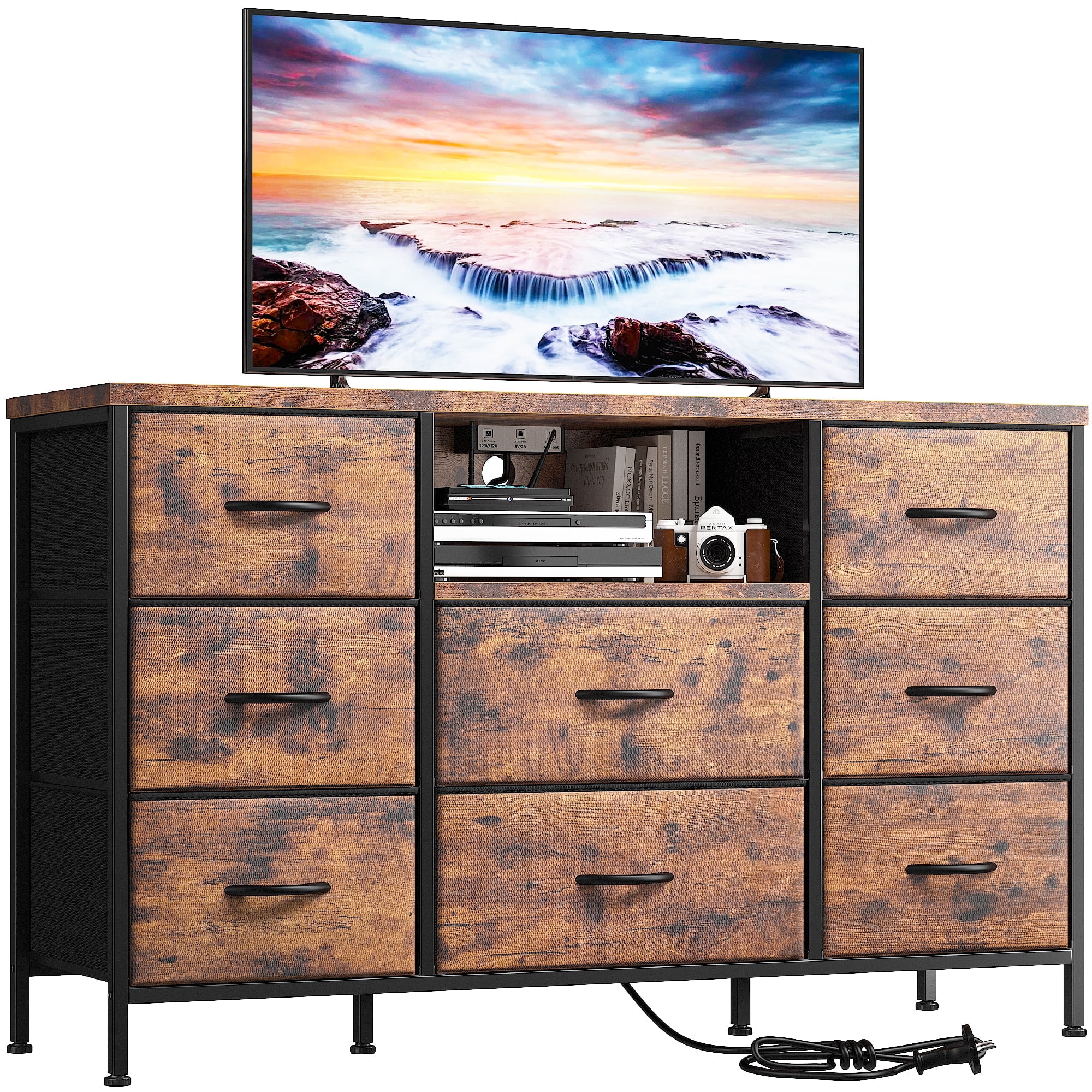 EnHomee Wide Dresser TV Stand with 8 Drawer & Outlet,Dresser for Bedroom Wide Black Dresser & Chests of Drawers Fabric Dressers TV Console Storage Unit for Living Room/Bedroom Furniture, Black