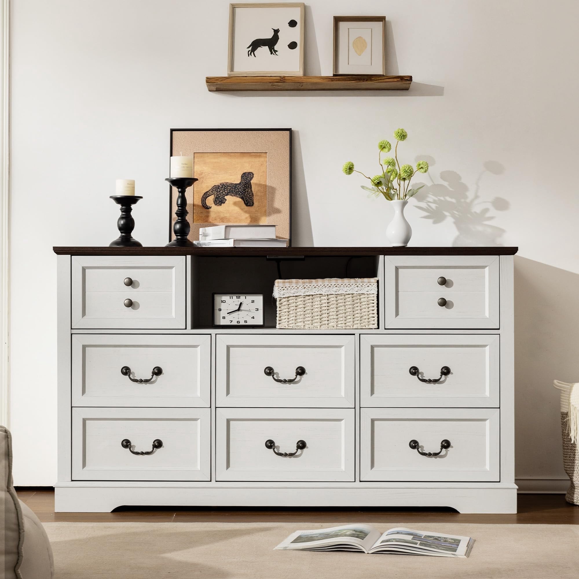 white dresser grey top EnHomee 8 Drawers Wooden Dresser with Power Outlets White Dresser for  Bedroom