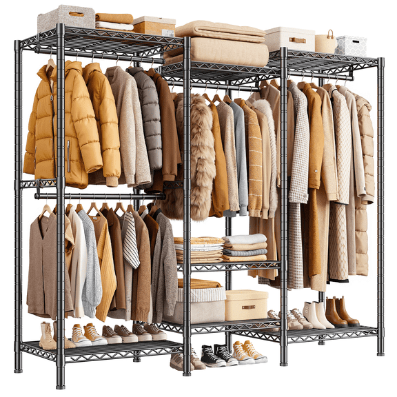EnHomee Wire Garment Rack,Adjustable Metal Closet Organizer,Heavy Duty Clothes Rack with 4 Rods & 7 Storage Shelves,77"H x 69"W x 16"D,Black