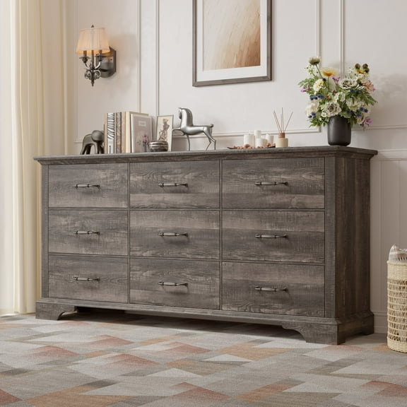 EnHomee 9 Drawer Dresser Wood Dresser for Bedroom Dressers&Chest of Drawers 63" Long Dresser TV Stand,Dark Rustic Oak
