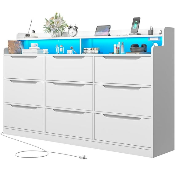 EnHomee 9 Drawer Dressers for Bedroom with LED Light,Wood Chests of Drawers with Charging Station, White