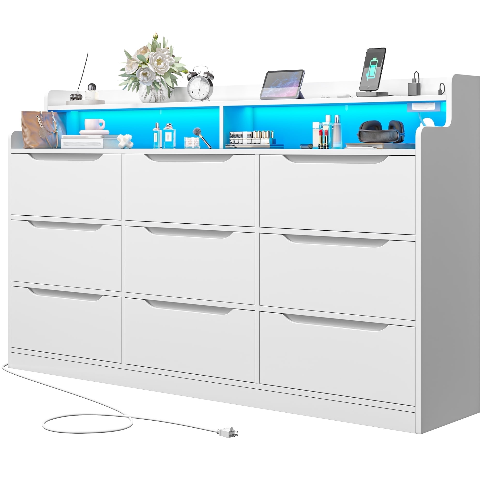 EnHomee 9 Drawer Dressers for Bedroom with LED Light,Wood Chests of Drawers with Charging Station, White