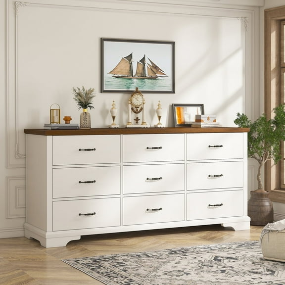 EnHomee 9 Drawer White Dresser for Bedroom Wood Dressers&Chest of Drawers 63" Long Dresser