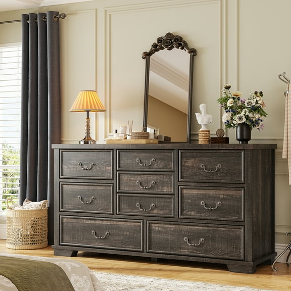 EnHomee 9 Drawers Dressers for Bedroom Wood Dresser&Chest of Drawers,Dark Rustic Oak