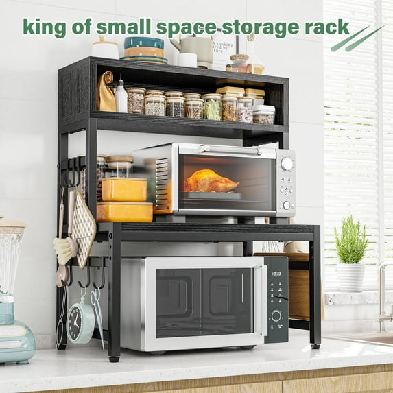 EnHomee Adjustable Microwave Stand with Storage Black Microwave Shelf with Side Rack Microwave Oven Stand for Kitchen Baker's Rack