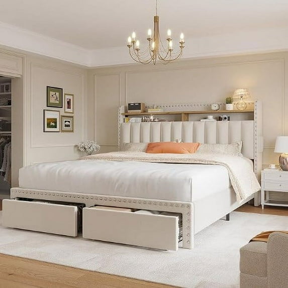 EnHomee Adult Full Metal Wood Standard Bed with 2 Drawers, Beige