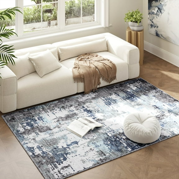EnHomee Area Rug for Living Room 4x6 Area Rugs for Bedroom Modern Abstract Rug with Rubber Backing Non Slip Washable Persian Carpet, Blue Gray