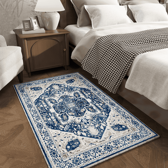 EnHomee Area Rugs for Living Room 3x5 Area Rugs for Bedroom Rug with Rubber Backing Washable Rugs Low Pile Carpet, Vintage, Non-Slip, Blue and White