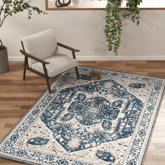 EnHomee Area Rugs for Living Room 4x6 Area Rugs for Bedroom Rug with Rubber Backing Washable Rugs Low Pile Carpet, Vintage, Non-Slip, Blue and White