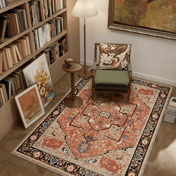 EnHomee Area Rugs for Living Room 4x6 Area Rugs for Bedroom Rug with Rubber Backing Washable Rugs Low Pile Carpet, Vintage, Non-Slip, Vintage Red