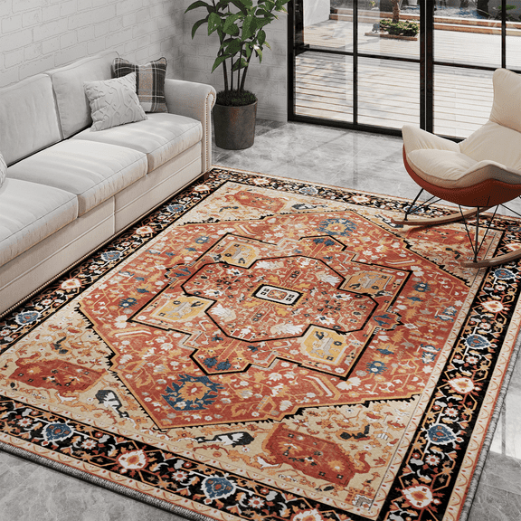 EnHomee Area Rugs for Living Room 5x7 Area Rugs for Bedroom Rug with Rubber Backing Washable Rugs Low Pile Carpet, Vintage, Non-Slip, Vintage Red