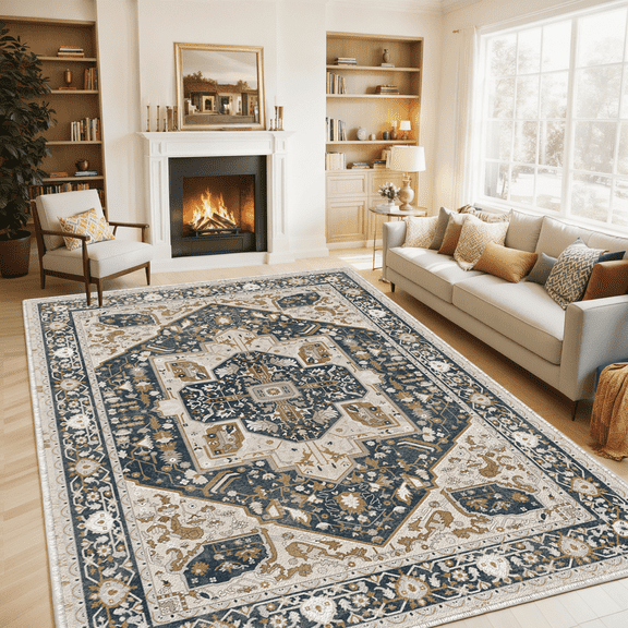 EnHomee Area Rugs for Living Room 8x10 Area Rugs for Bedroom Rug with Rubber Backing Washable Rugs Low Pile Carpet, Vintage, Non-Slip, Blue and Brown