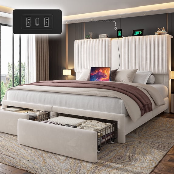 EnHomee Bed Frame King Size Bed Frame with 2 Storage Drawers Bed Frame with 51.2"Tall Headboard Upholstered Bed Frame with Charge Station,Beige,No Box Spring Needed, Noise Free