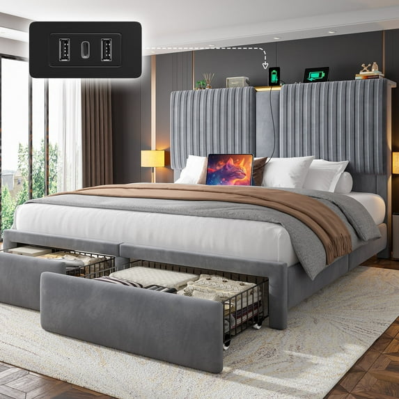 EnHomee Bed Frame King Size Bed Frame with 2 Storage Drawers Bed Frame with 51.2"Tall Headboard Upholstered Bed Frame with Charge Station,Gray,No Box Spring Needed, Noise Free