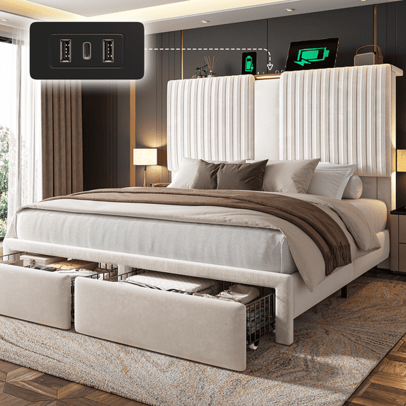 EnHomee Bed Frame Queen Size Bed Frame with 2 Storage Drawers Bed Frame with 51.2"Tall Headboard Upholstered Bed Frame with Charge Station,Beige,No Box Spring Needed, Noise Free
