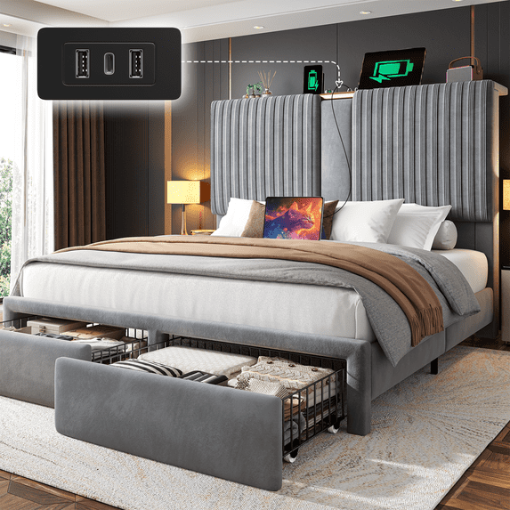 EnHomee Bed Frame Queen Size Bed Frame with 2 Storage Drawers Bed Frame with 51.2"Tall Headboard Upholstered Bed Frame with Charge Station,Gray,No Box Spring Needed, Noise Free
