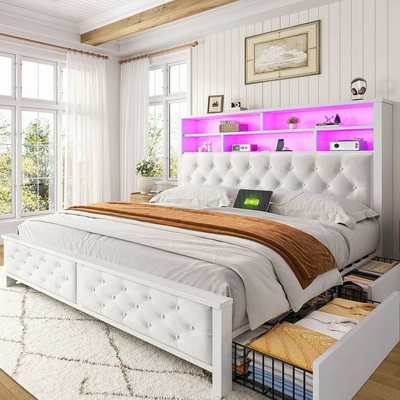 EnHomee Bed Frame Queen Size Bed Frame with Headboard Bed Frame with 4 Storage Drawers & LED Lights & Charging Station