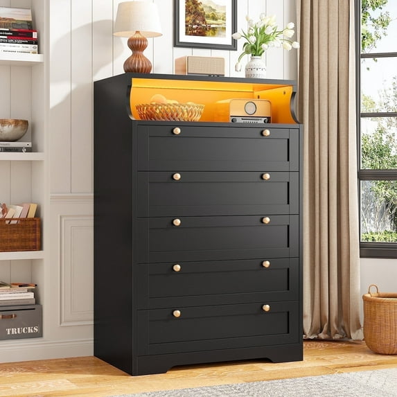 EnHomee Black 5-Drawer Dresser with LED Light, 31.7"L x 15.9"W x 48.6"H Modern Storage Furniture