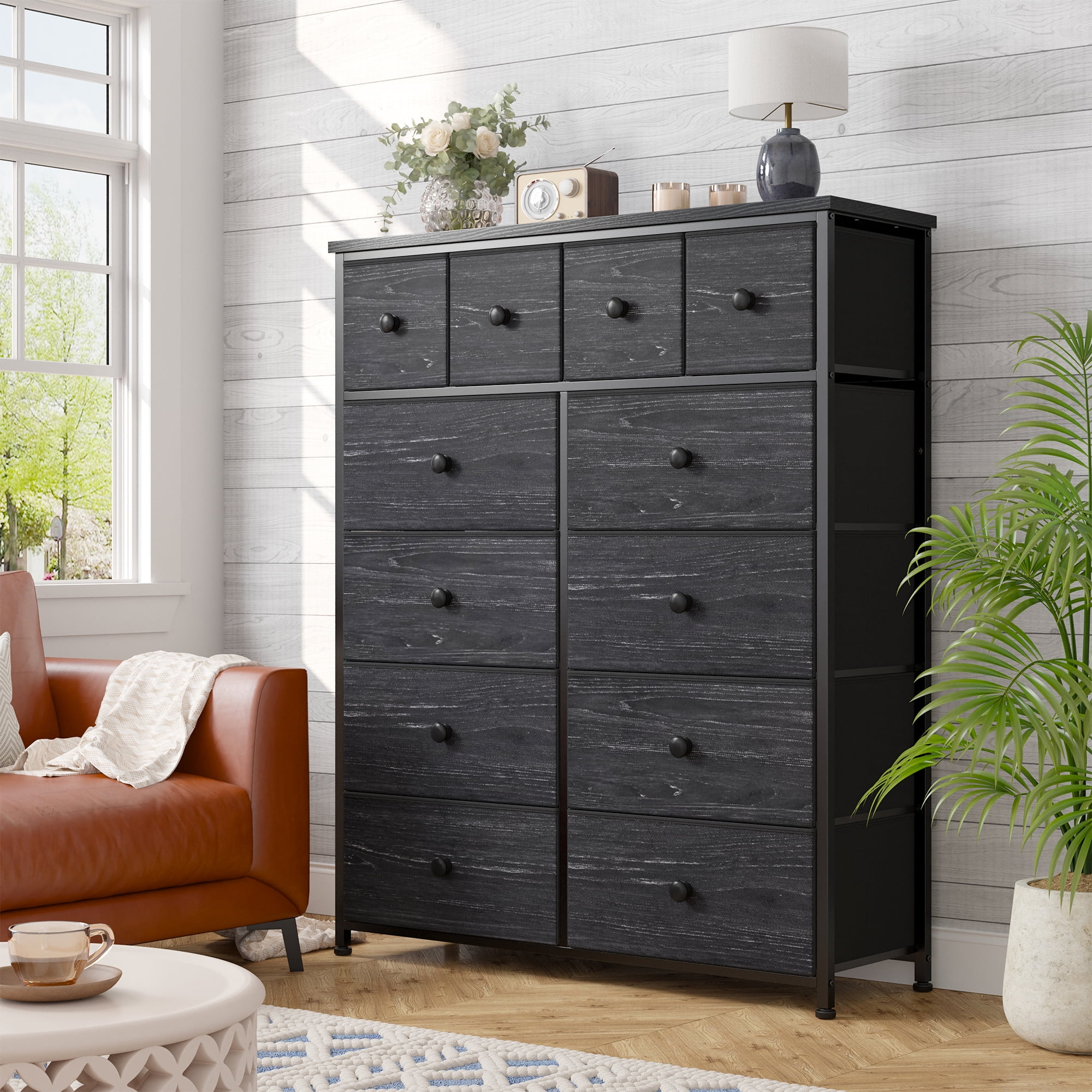 EnHomee Assembled Black Tall Dresser with 12 Drawers, Wood Top & Metal ...