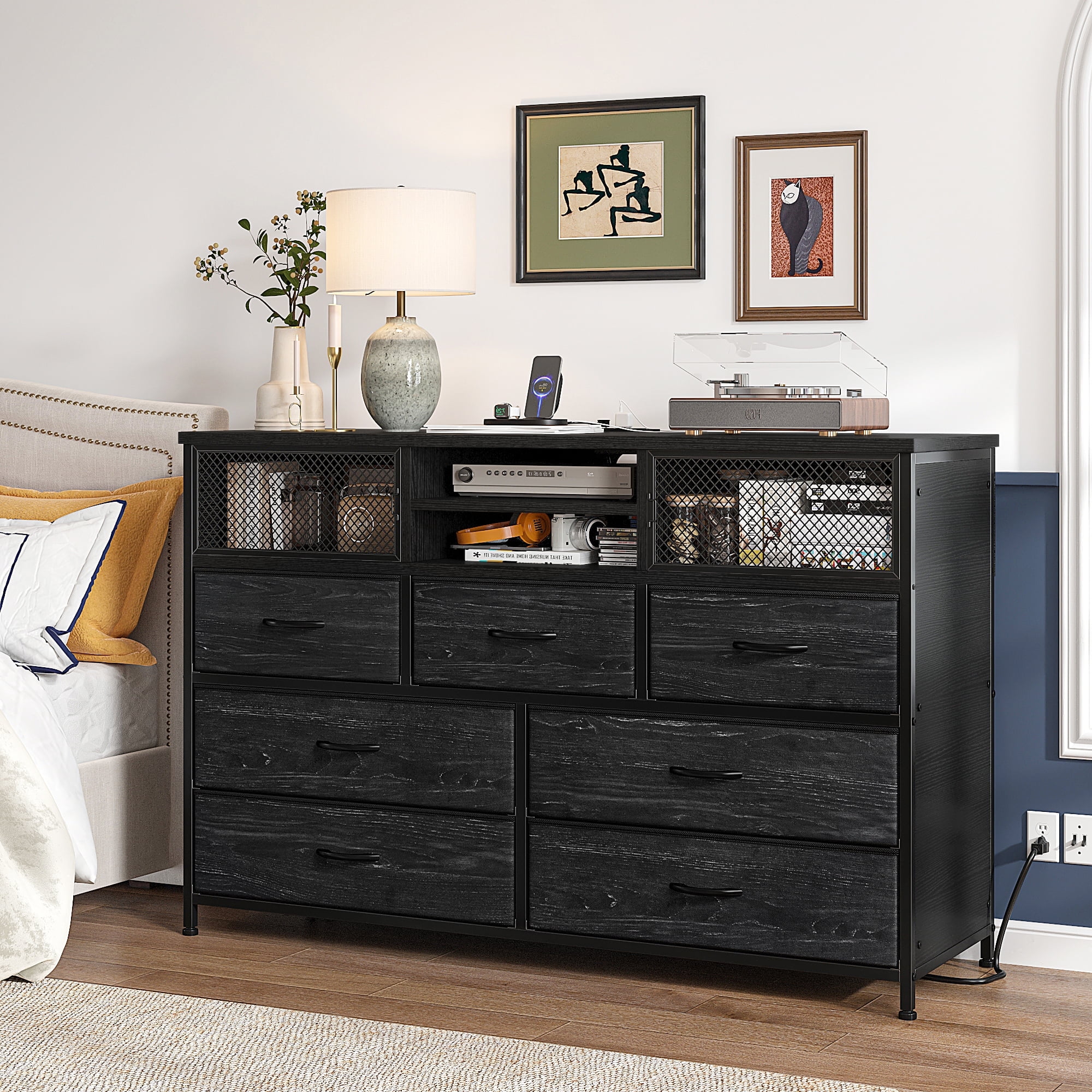 YESHOMY 6-Drawer Dresser - 58.27" Wide Storage Organizer & TV Stand For Bedroom, Dark Black