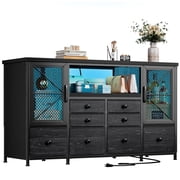 EnHomee Black Dresser TV Stand for 60"TV Dressers for Bedroom with 8 Fabric Drawers LED Lights