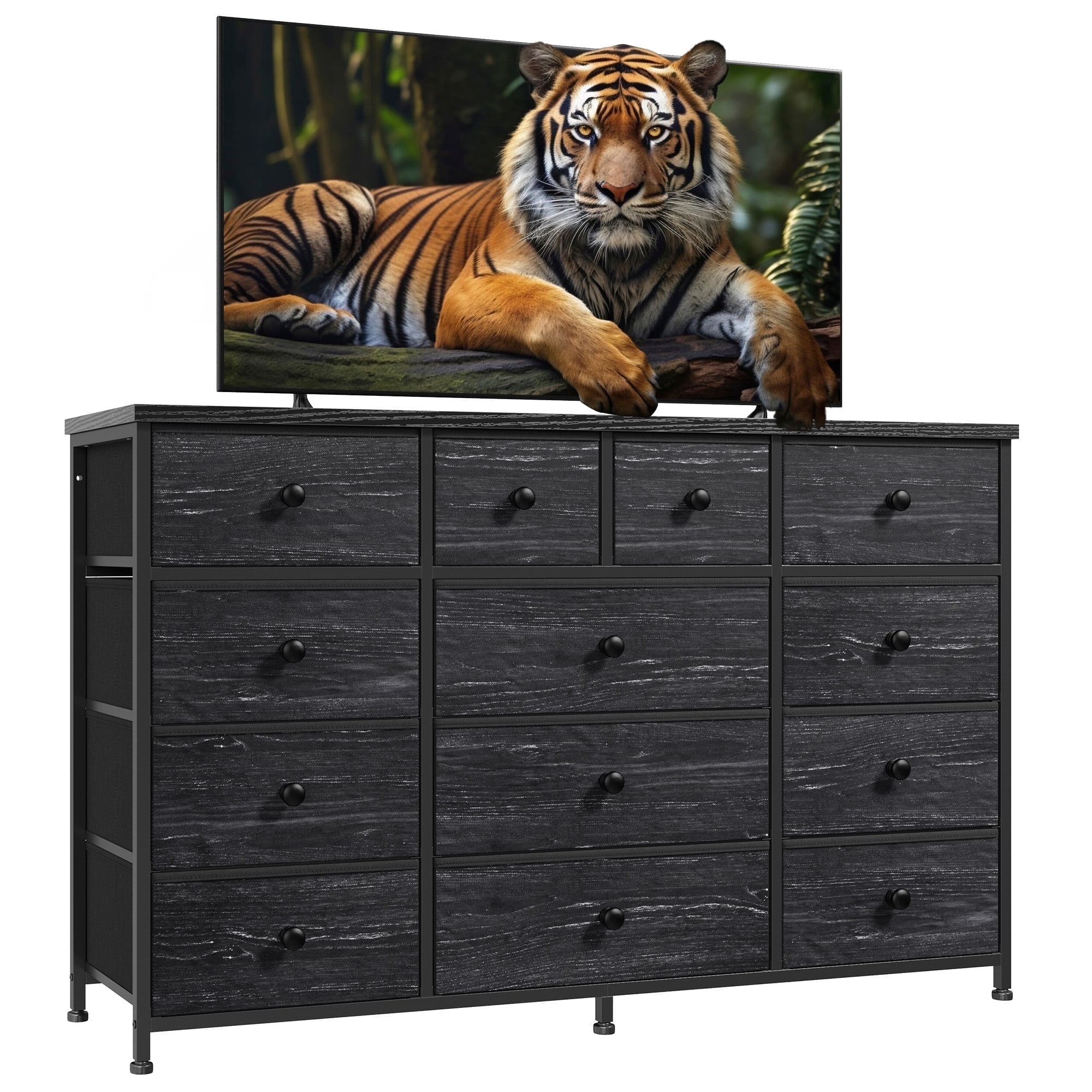 Black Dresser for Bedroom TV Stand with 13 Drawers for for 55" TV, Fabric Wide Dresser for Living Room