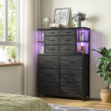 EnHomee Black Dresser with 12 Fabric Drawers Dresser for Bedroom Dresser with LED Lights & Storage Shelf