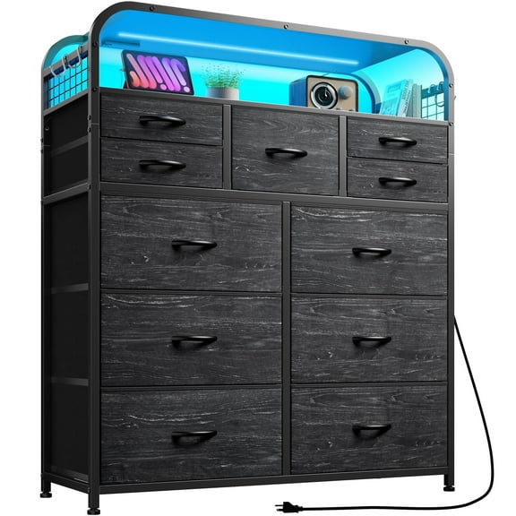 EnHomee Black Dresser with LED Lights & Charging Station 11 Drawers Fabric Dresser