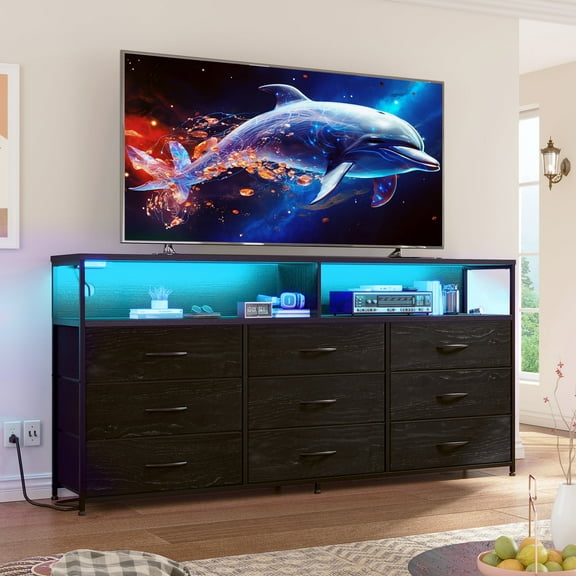 EnHomee Black Dressers TV Stand for 65"TV LED Dresser for Bedroom with 9 Fabric Drawers & Power Outlet, 55.12"Lx11.81"Wx35.43"H