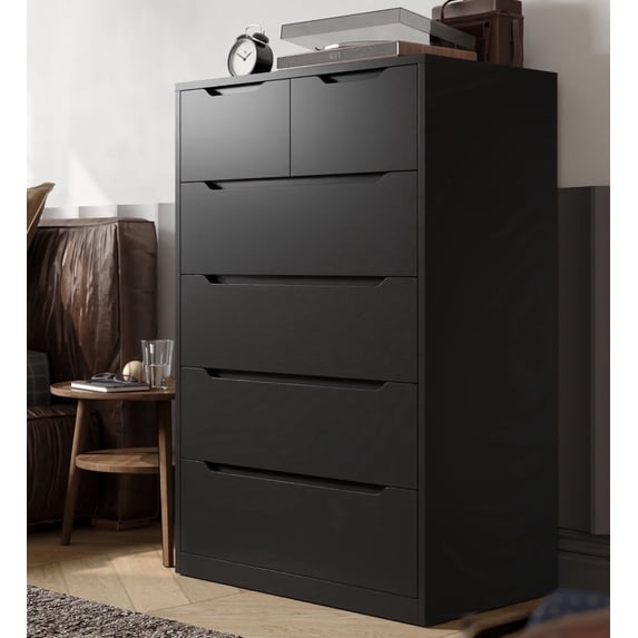 EnHomee Black Tall Dresser Wood 6 Drawer Dressers for Bedroom Wood Chest of Drawers with Smooth Metal Rail Large Dresser Modern Storage Cabinet for Home Office Living Room, 43.3"H x 27.5"L x 15.7"D