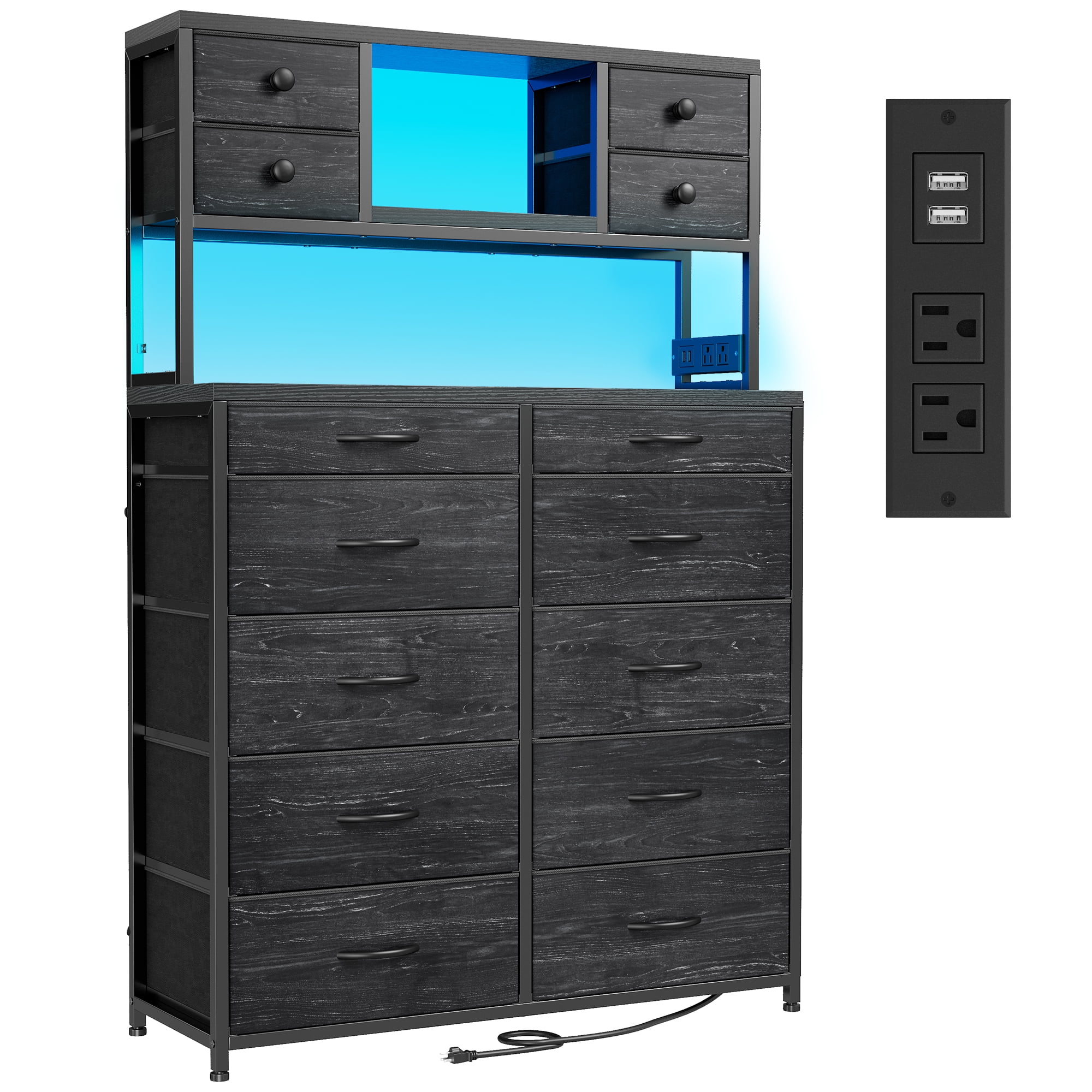 EnHomee Black Tall Dressers for Bedroom with Fabric 14 Drawers Dresser with LED Lights and Charging Station,Chests of Drawers with Open Shelves,,62.8"H*11.8"D*35.4"W