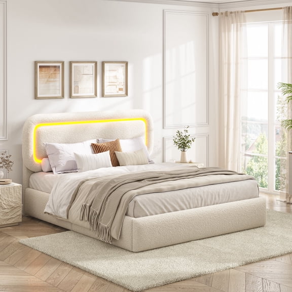 EnHomee Boucle Bed Frame with Rounded Corner Cloud Bed Frame with Headboard Upholstered Bed Frame Full Size ,Beige