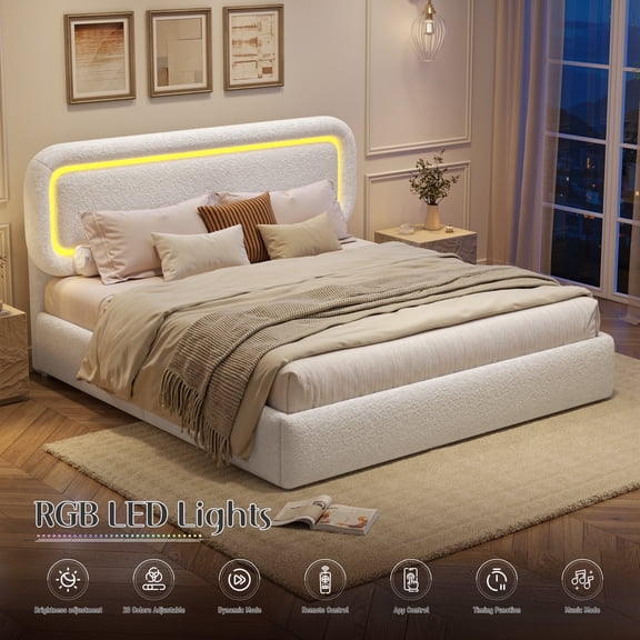 EnHomee Boucle Bed Frame with Rounded Corner Cloud Bed Frame with Headboard Upholstered Bed Frame Full Size ,White