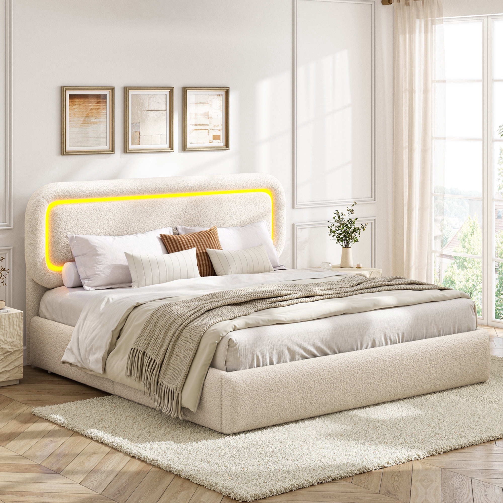EnHomee Boucle Bed Frame with Rounded Corner Cloud Bed Frame with Headboard Upholstered Bed Frame Queen Size ,Beige